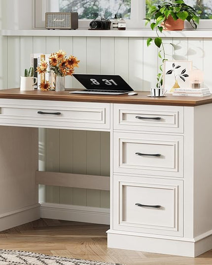 Vabches Farmhouse 47" Executive Desk with File Drawer, Computer Desk with 4 Drawers, Workstation for Study, Home Office, Writing, Unique White.