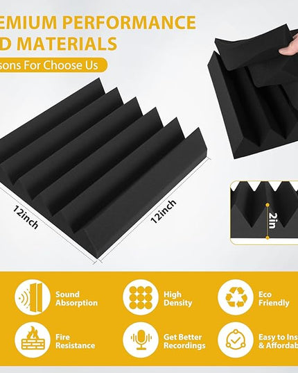 36 Pack Acoustic Foam Panels 2" x 12" x 12" Sound Proof Foam Panles Saiqiang Soundproofing Noise Absorbing Wedge Black Panels for Wall Studio Foams with Double-Side Adhesive