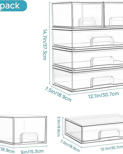 Vtopmart Clear Stackable Storage Drawers Set of 5, Plastic Organizer Bins for Makeup, Cosmetics, Beauty Supplies,Ideal for Vanity, Bathroom,Cabinet,Pantry Organization