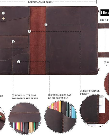 Robrasim Handmade Leather Sketchbook Cover, Artist Sketch Pad Holder for 11"X14" Sketchbook, Drawing Book and Pencil Case, Journal Notebook Portfolio with Shoulder Strap, Artist Gifts, Coffee