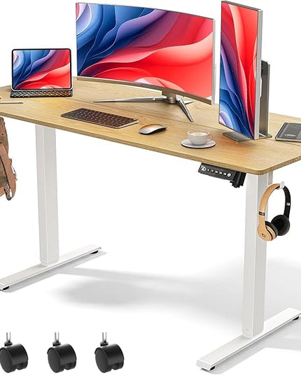 55 x 24 inch Electric Standing Desk Adjustable Height with 4 Wheels, 4 Memory Height Settings, 2 Headphone Hook, Home Office Desk, Splice Board Oak