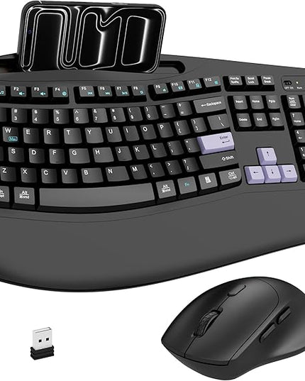 Wireless Keyboard and Mouse Combo, 2.4G Full Size Wave Keys Ergonomic Keyboard with Wrist Rest, Phone Holder, 3-Level DPI Wireless Silent Mouse with 6-Buttons, for Windows, Mac OS (Purple Black)