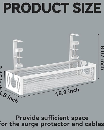 Cable Management, 15'' Under Desk Cable Management Tray No Drill, Metal Cable Organizer with Clamp for Wire Management, Cord Organizer for Home Office, Desk Accessories Organizer, White