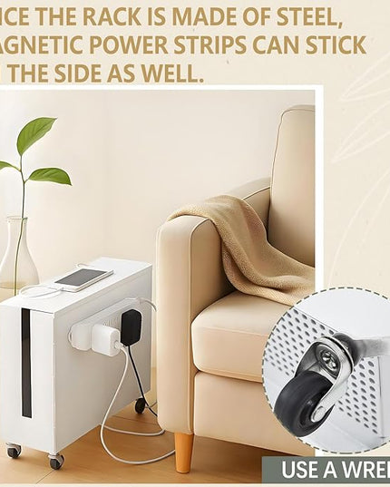Extra Large Cable Management Box with Caster Wheels Adjustable Cord Hider Box for Power Strip Metal Router Hider Organizer Surge Protector Storage Organizer for Office, Home(White)
