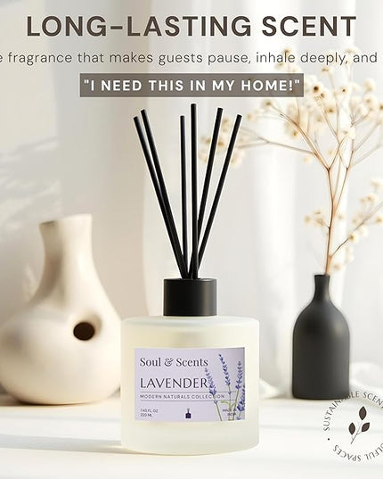 Soul & Scents Reed Diffuser Set – Lavender | 7.43 oz Refillable Scented Oil with 6 Fiber Sticks | Long-Lasting Home Fragrance & Air Freshener for Bedroom, Bathroom, Office | Gift & Décor Piece