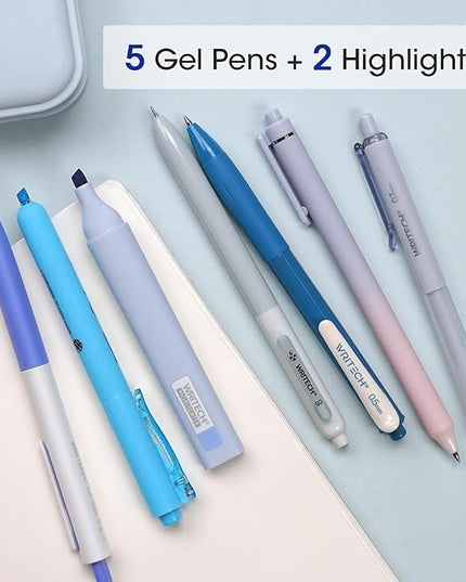 WRITECH Gel Pens Journaling Highlighters: Journal Set Aesthetic Assorted Pastel Color Ink 0.5mm Fine Point Retractable 0.7mm Black Pen Smooth Writing Drawing No Bleed 7ct (Blue)