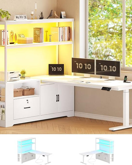 SEDETA 56.7" L Shaped Standing Desk, Reversible Computer Office Desk with Drawers & Hutch, Stand Up Corner Gaming Desks with LED Lights & Power Outlets for Home Office, White