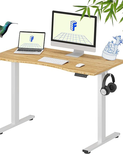 FLEXISPOT EN1 Bamboo Standing Desk, 48 x 24 Inches Whole-Piece Electric Height Adjustable Desk for Home Office (White Frame + Bamboo Curved Desktop, 2 Packages)