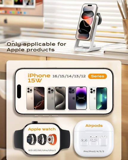 3 in 1 Charging Station for iPhone, Magsafe Wireless Charger with Cooling Fan for iPhone 17 16e 16 15 14 13 12 Series & Apple Watch Charger, Wireless Charging Station for AirPods 4/3/Pro (White)