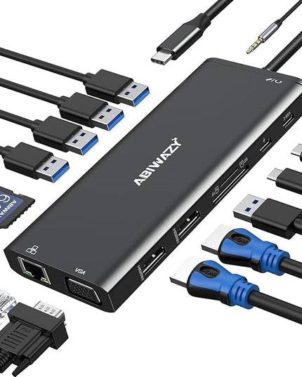 USB C Docking Station Dual Monitor for Dell/HP/Lenovo/Surface Laptop, 14 in 1 Triple Display Hub Multiple Adapter, Dongle with 2 HDMI 4K VGA 5 Port 100W PD Charger Ethernet SD/TF Audio(Black)