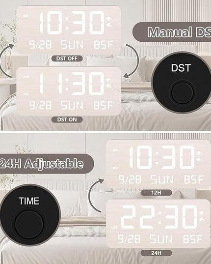 Fomobest Wooden Digital Alarm Clock for Bedroom - Desk Clock with Date, Day of Week, Temperature, Dual Alarms, Dimmer, USB Port Charge, DST, Adjustable Volume for Living Room/Office Wood Decor (White)
