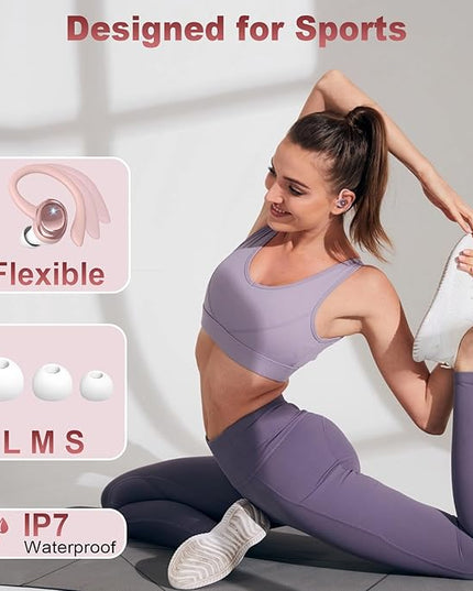 Wireless Earbuds Sport, New Bluetooth 5.4 Headphones with Earhooks, 50H Stereo Deep Bass Over Ear Buds with 4 ENC Noise Canceling Mics, IP7 Waterproof Earphones for Running Workout Gym -Rose