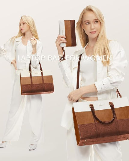 LOVEVOOK Laptop Bag for Women, 15.6 Inch Laptop Tote Bag, Vintage Leather Work Bags for Women, Waterproof Computer bag with Clutch Purse, Large Capacity Briefcase, Business Office Bag