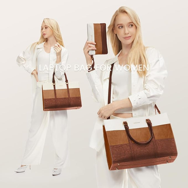 LOVEVOOK Laptop Bag for Women, 15.6 Inch Laptop Tote Bag, Vintage Leather Work Bags for Women, Waterproof Computer bag with Clutch Purse, Large Capacity Briefcase, Business Office Bag