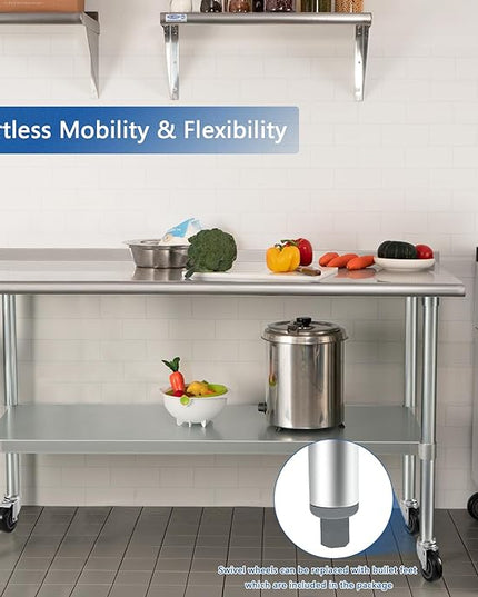 HARDURA Stainless Steel Table with Wheels 30X72 Inches NSF Heavy Duty Commercial Prep Table with 2” Backsplash and Adjustable Undershelf for Food Prep