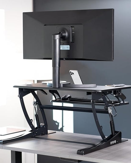 VIVO 32 inch Height Adjustable Stand Up Desk Converter, V Series, Quick Sit to Stand Tabletop Dual Monitor Riser Workstation, Black, DESK-V000VS
