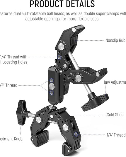 Neewer Double Super Clamp Camera Mount with Magic Arm, Cold Shoes for Desk Studio Light Stand Holder Photography Reflector, Flag, Cross Bars, Motorcycle, Umbrella, Pole Stick Shoot Accessories Tools