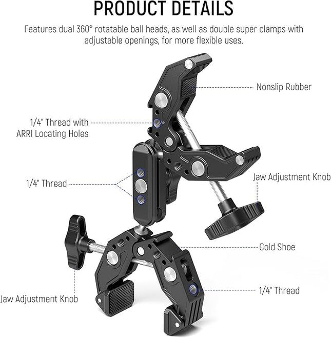 Neewer Double Super Clamp Camera Mount with Magic Arm, Cold Shoes for Desk Studio Light Stand Holder Photography Reflector, Flag, Cross Bars, Motorcycle, Umbrella, Pole Stick Shoot Accessories Tools