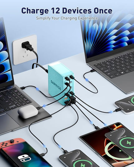 Charging Station (600W),12-Port USB C Charger Block with Dual 100W PD USB-C Fast Charging Station Hub for MacBook Pro/Air/All iPad Phone 17/16 15/14/13/Pro Max/Samsung Galaxy Note(Green)
