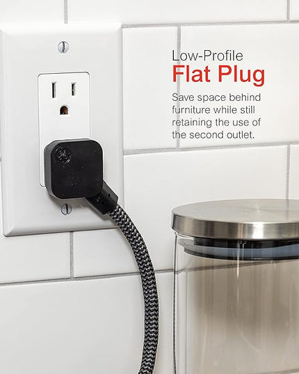 GE 3-Outlet Power Strip Mini Extension Cord with Multiple Outlets 5 Inch Braided Short Cord Extension Cord Grounded Flat Plug UL Listed Black 45191
