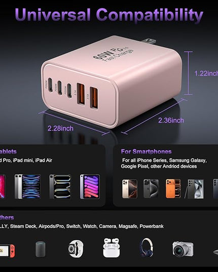 USB C Fast Wall Charger Block, 2Pack 60W USBC Charging Cubes, 5-Port PD+QC Power Adapter Multiport Brick Type C Box Plug for Phone 16/15/14/13/12/11/Pro Max/Plus, Pad Mini/Pro/S25/S24-Pink