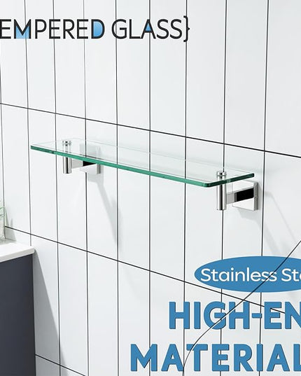 KOKOSIRI Bathroom Shelves Wall Mounted Floating Glass Shelf Polished Stainless Steel 20-Inch Hanging Rack for Storage/Room Decor 2 Pack B1105CH-L20-P2