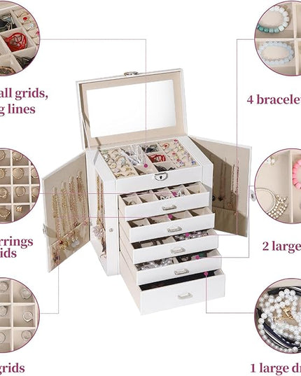 BOOVO Jewelry Box For women, 6 Layer Large Jewelry Organizer With Mirror, Multi-Function Storage Box With Lock, Accessory Holder With 5 Drawers, For Earrings Necklace Ring Bracelet (White)
