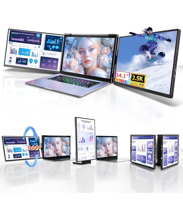 Pitycbo Laptop Screen Extender Monitor Portable - 2.5K Triple Laptop Screen Extender, Plug and Play Multiple Screens Extended Fits 13-17.3 Inch Laptops Compatible with, Windows, Chrome, Dex