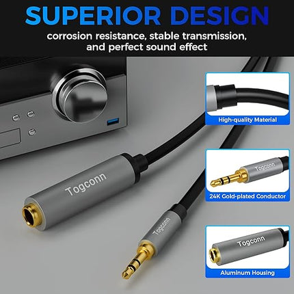 Togconn 3.5mm to 6.35mm Stereo Audio Cable Adapter 10 Feet, 3.5mm 1/8 Inch TRS Male to 6.35mm 1/4 Inch Female Stereo Audio Converter Connector for Phone, Laptop, Headphone, Amplifier, Guitar, Speaker