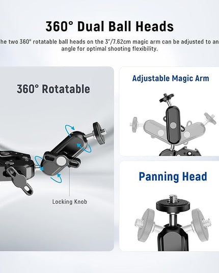 NEEWER Super Clamp with 3" Dual Ballhead Magic Arm, Camera Phone Clamp Mount with 1/4" 3/8" Threads, Cold Shoe, Phone Holder, Action Camera Adapter Compatible with GoPro DJI iPhone 16 15 Pro Max, ST88