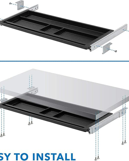 Mount-It! Under Desk Pencil Drawer – Sliding Hidden Storage Tray for Office Supplies, 4-Compartment Organizer with Smooth Glide Rails, Fits Wood Desks, 21.2” Wide, Black
