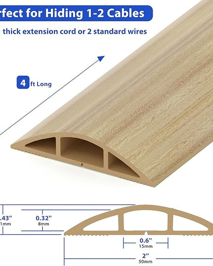 Floor Cord Cover 4ft, Maple Wood Cord Hider Floor Hide Extension Cords, Floor Cable Management Floor Cable Cover Wire Covers for Cords, Cable Protector Cord Cavity W0.6in x H0.32in