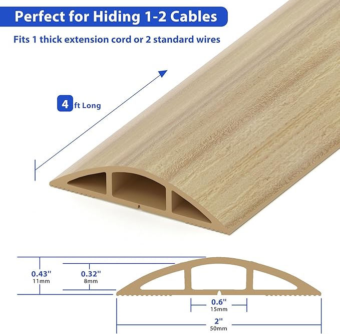 Floor Cord Cover 4ft, Maple Wood Cord Hider Floor Hide Extension Cords, Floor Cable Management Floor Cable Cover Wire Covers for Cords, Cable Protector Cord Cavity W0.6in x H0.32in