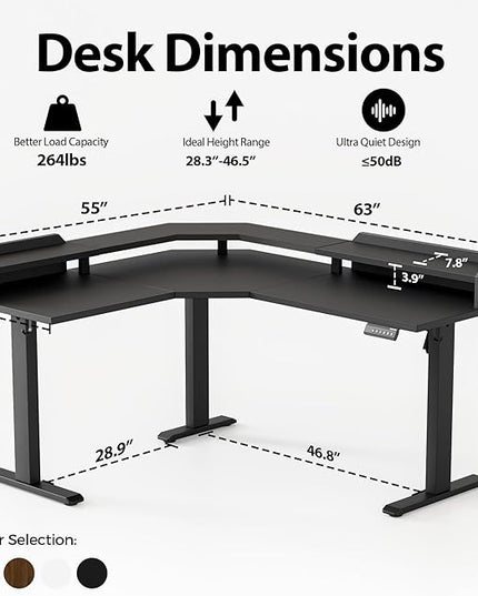 Agilestic L Shaped Standing Desk, Adjustable Height Corner Gaming Desk with Shelf, Sit Stand Up Desk, 63 x 55 Inch Home Office Computer Table, Black