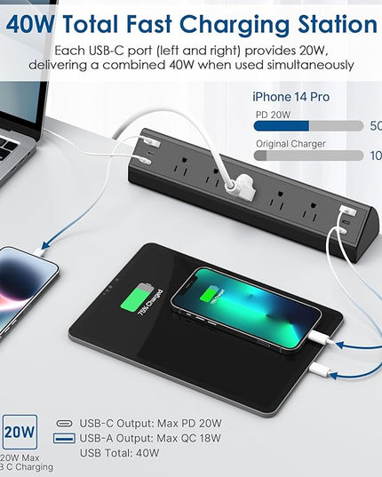 Jgstkcity Desk Clamp Power Strip USB C,40W Total Fast Charging Station,4 PD 20W USB C Ports,Desk Edge Mount Surge Protector,5 Outlets,Fit 1.96" Tabletop Edge,ETL Listed