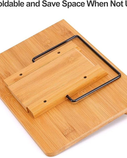 MEGREZ Bamboo Book Stand 13.2 x 9.4 Inch, Foldable Cookbook Holder With 6 Adjustable Heights, Reading Holder for Recipe, Music, Textbook, Tablet Stand, Rose
