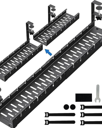 No Drilling Extendable Under Desk Cable Management, Metal Cable Management Tray Under Desk with Clamp, Retractable Power Strip Cord Holder for Wire Management 31Inch (2 Pack Extendable 31')