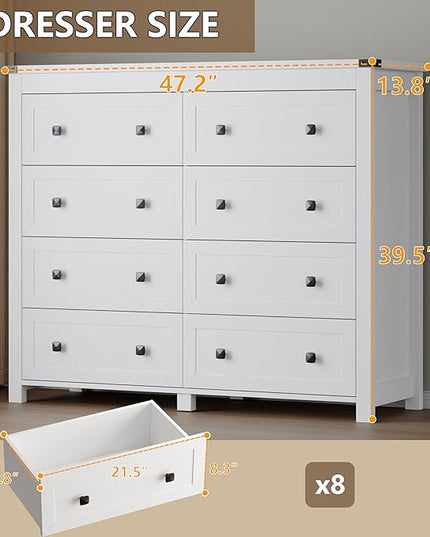 BORNOON Tall 8-Drawer Dresser, Modern Wooden Storage Chest of Drawers, Dresser TV Stand, Wood Drawer Organizer with Metal Handles for Bedroom, Living Room, Hallway