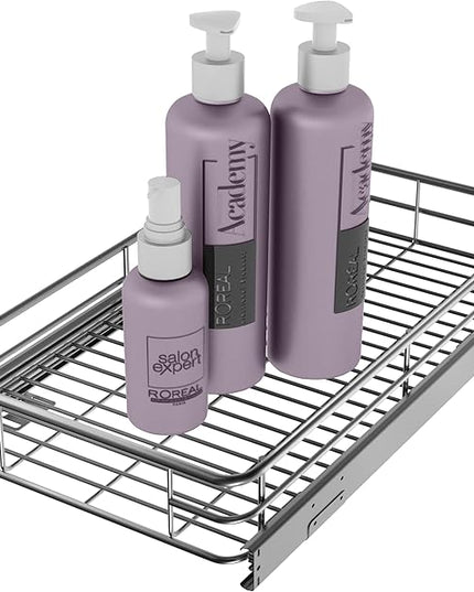JOWBOOW Sliding Cabinet Organizer Pull Out Shelves (11" W x 21" D), Heavy-Duty Slide Out Shelf, Steel Metal Cabinet Roll Out Shelves for Kitchen Bathroom, Chrome