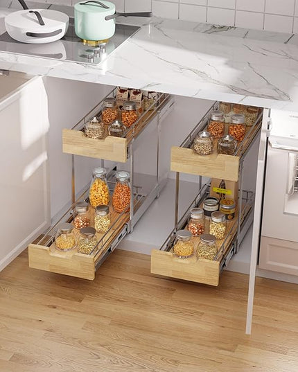 Sikarou Pull Out Cabinet Organizer,Heavy-Duty Slide Out Shelf, Wood and Wire Basket, Pull Out Drawer for for Kitchen Under Sink Space, Pantry, Bathroom, 2 Tie 9 * 21 in
