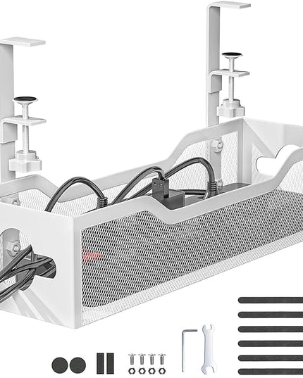 Under Desk Cable Management Tray White, Litwaro Cable Management Under Desk No Drill, Cable Organizer with Clamp for Wire Management, Cord Organizer for Office, Home No Damage to Desk
