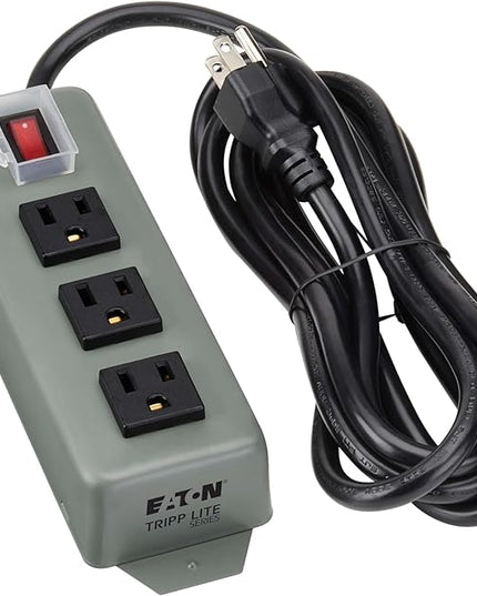 Eaton Tripp Lite Series 3-Outlet Heavy Duty Power Strip, Metal, Mountable (Wall Mount & Under Desk), 9ft Extension Cord, On/Off Switch Cover, Industrial Garage Shop Work Bench Applications (3SP9)