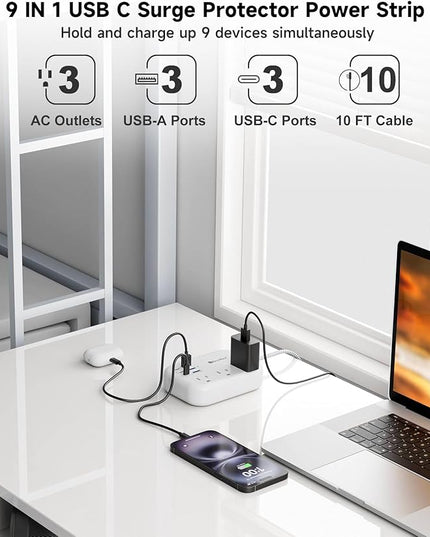 6 USB(3 USB C) Surge Protector Power Strip- Extension Cord 10 Ft with 24W USB Charging Station and 3 Outlets, Flat Plug Long Braided Extension Cord with Multiple Outlets for Home Office College Dorm