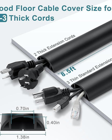 8.5FT Black Cord Cover Floor, Cord Protector, Floor Extension Cable Cover, Soft PVC Wire Covers - Cord Cavity: 0.7" (W) x 0.4" (H)