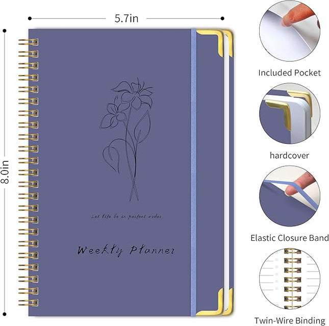 Undated Weekly Planner with Metal Corner Hardcover Notebook , A5 Size Journal with To Do List Planner, Habit Tracker,Weekly Goals for ADHD,Student, Office, Women, Men ,Gifts,6 x 8 inches，Spiral Bindding ,Purple