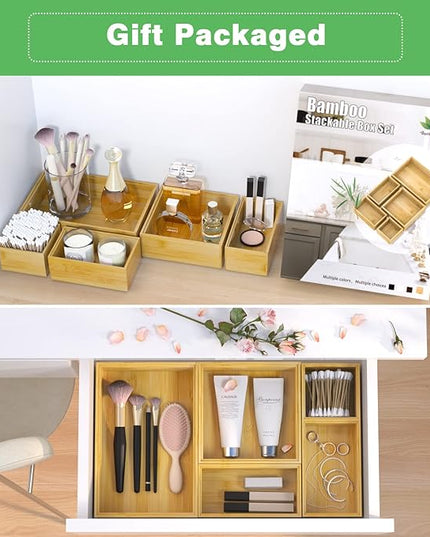 Bamboo Bathroom Drawer Organizer Dividers, Wooden Kitchen Utensil Holder Set of 5, Stackable Junk Drawer Organizer Tray, Multi-Use Storage Bins Boxs for Home, Office, Clothing, Makeup, Jewelry