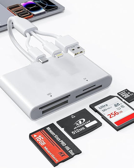 Memory Stick Pro Duo Adapter, 4 in 1 Memory Card Reader, SD/XD/MS/TF Multi Card Reader with Lightning/USB-C/USB-A, Memory Stick Pro Duo Reader for iPhone, iPad, Android, PC, Camera