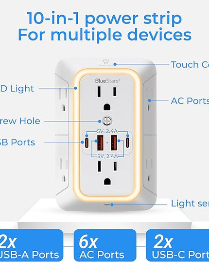 Wall Mount Power Strips Wall Charger 6 Outlet Extender 4 USB Ports (5V, 2.4A, 12W) and Night Light 3-Sided Power Strip with Adapter Spaced Outlets - Multi Plug Outlet Surge Protector for Home Office