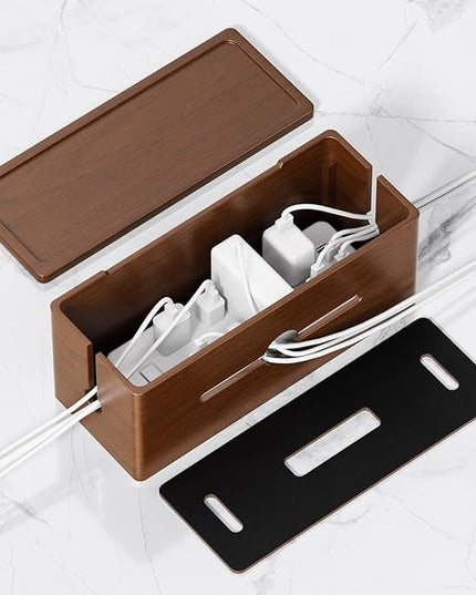 Extra Large Cable Management Box – Brown Double Layer Wooden Cord Organizer with Divider for Desk, TV Stand, Kitchen, and Office （NO Power Strips or Chargers）