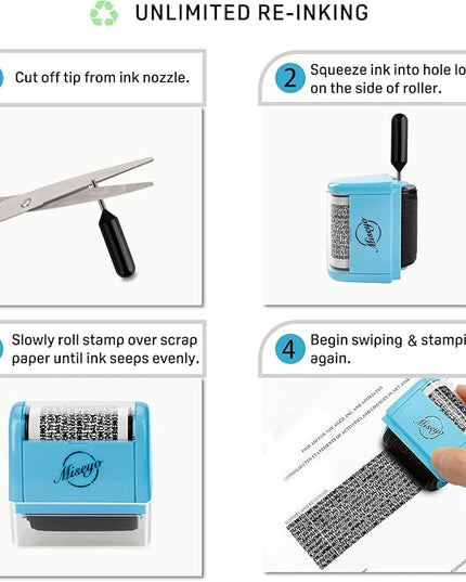 Miseyo Wide Identity Theft Protection Roller Stamp Set - Blue (3 Refill Ink Included)